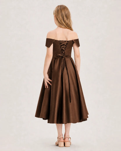 Dideyttawl Off the Shoulder Satin Girl Formal Dress with Lace-Up