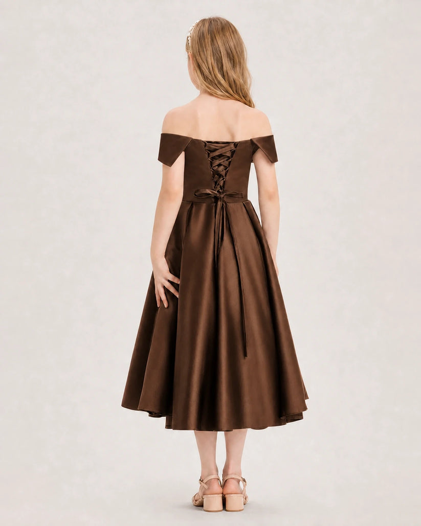 Chocolate Satin Off-the-Shoulder A-Line Girls Formal Dresses Back View