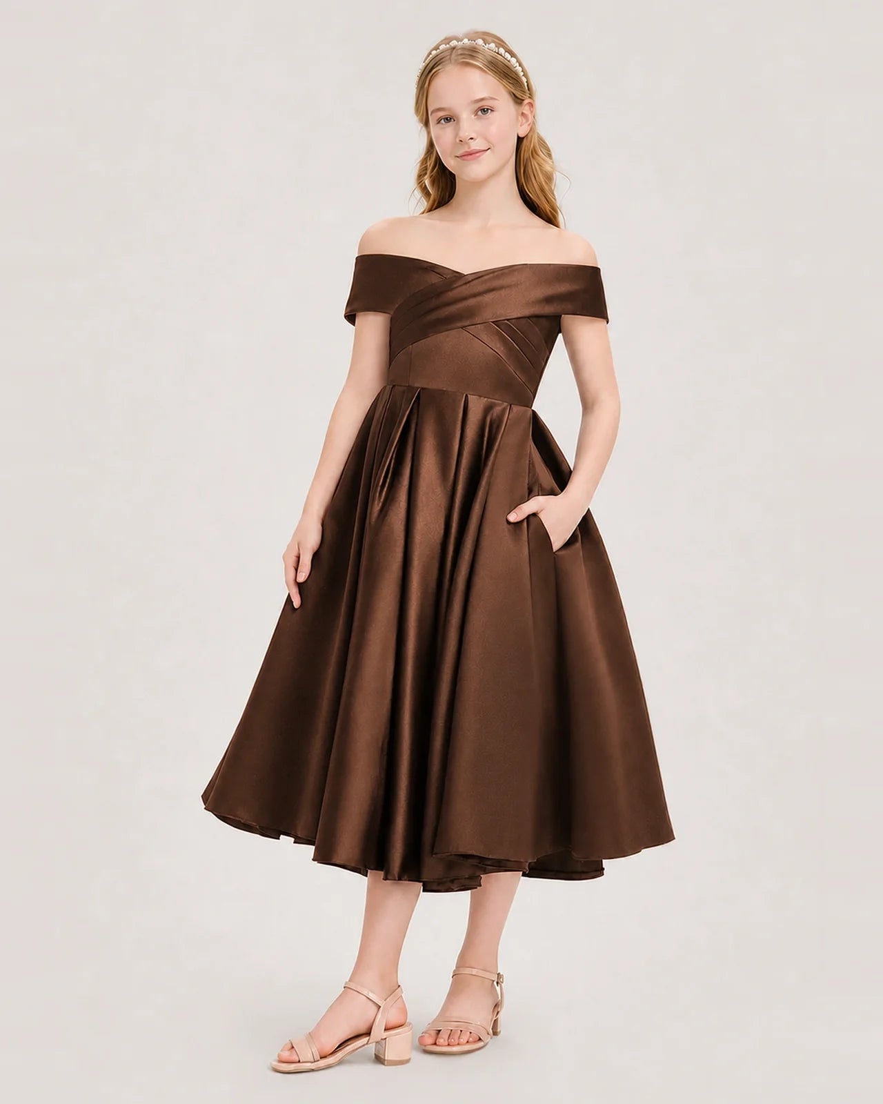 Dideyttawl Off the Shoulder Satin Girl Formal Dress with Lace-Up