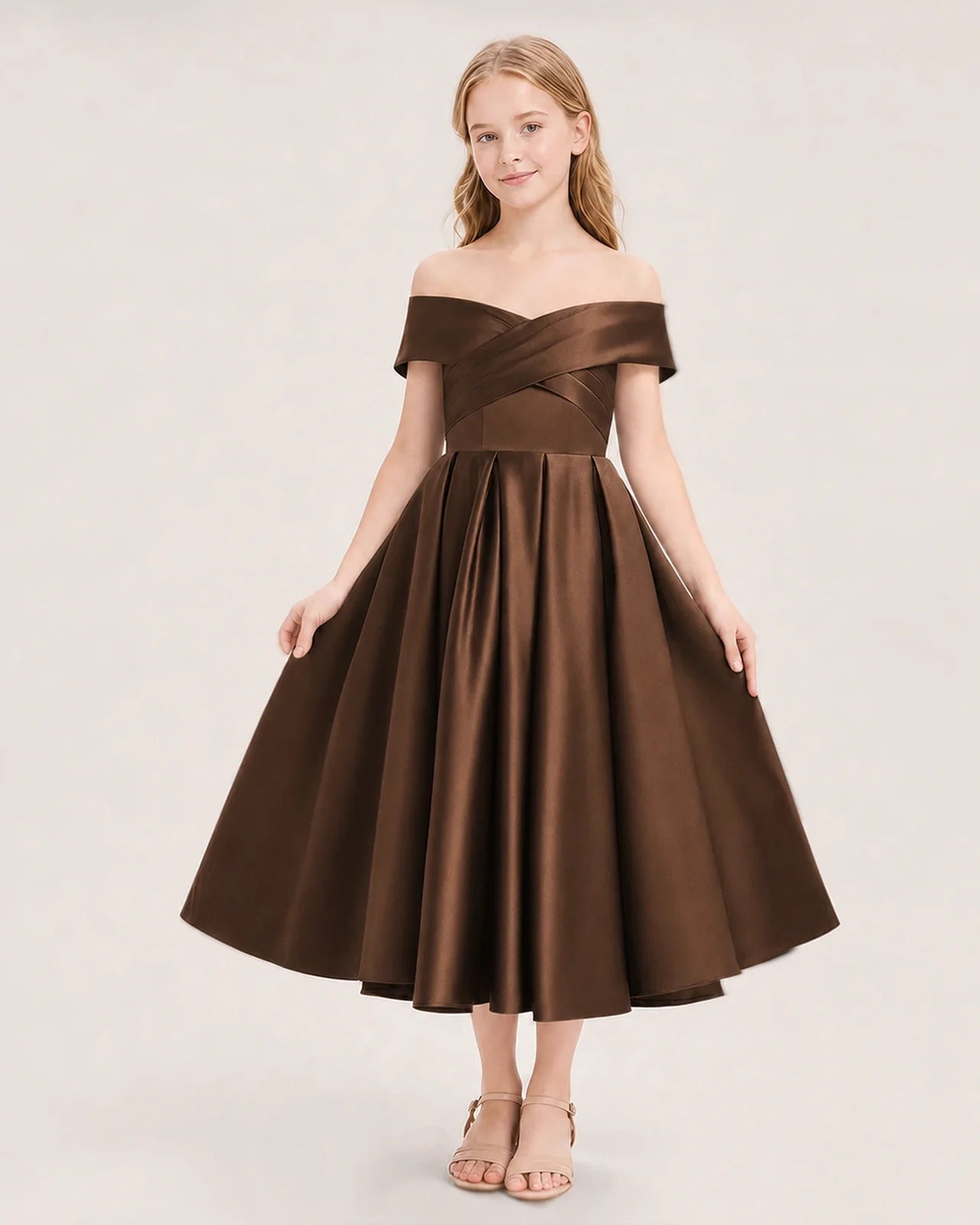 Dideyttawl Off the Shoulder Satin Girl Formal Dress with Lace-Up
