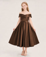 Chocolate Satin Off-the-Shoulder Pleated Girls Formal Dresses