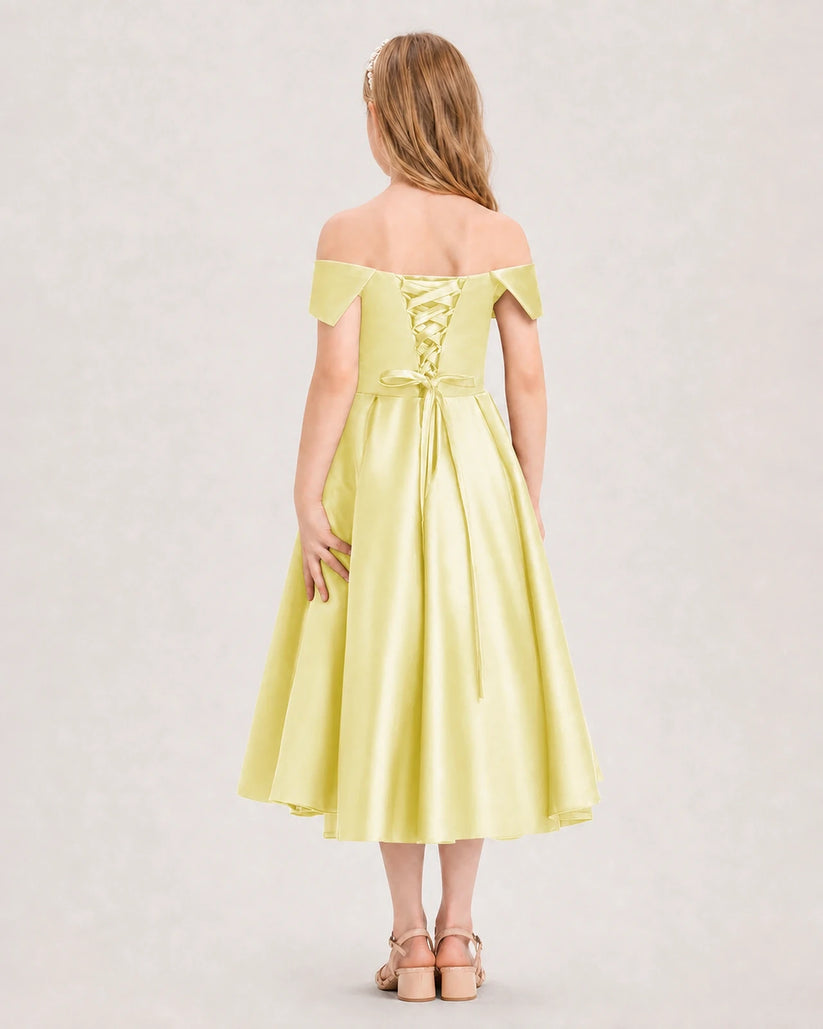 Daffodil Satin Off-the-Shoulder Girls Formal Dresses Back View
