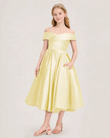 Daffodil Satin Off-the-Shoulder Girls Formal Dresses Front View