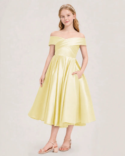 Dideyttawl Off the Shoulder Satin Girl Formal Dress with Lace-Up