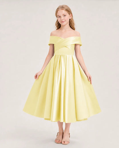 Dideyttawl Off the Shoulder Satin Girl Formal Dress with Lace-Up