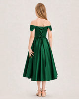 Dark Green Satin Off-Shoulder A-Line Girls Formal Dresses Back View