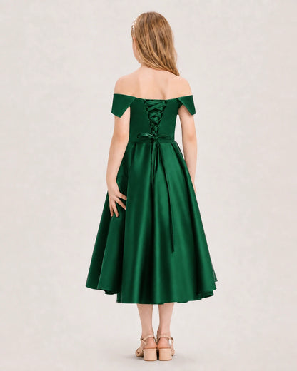 Dideyttawl Off the Shoulder Satin Girl Formal Dress with Lace-Up