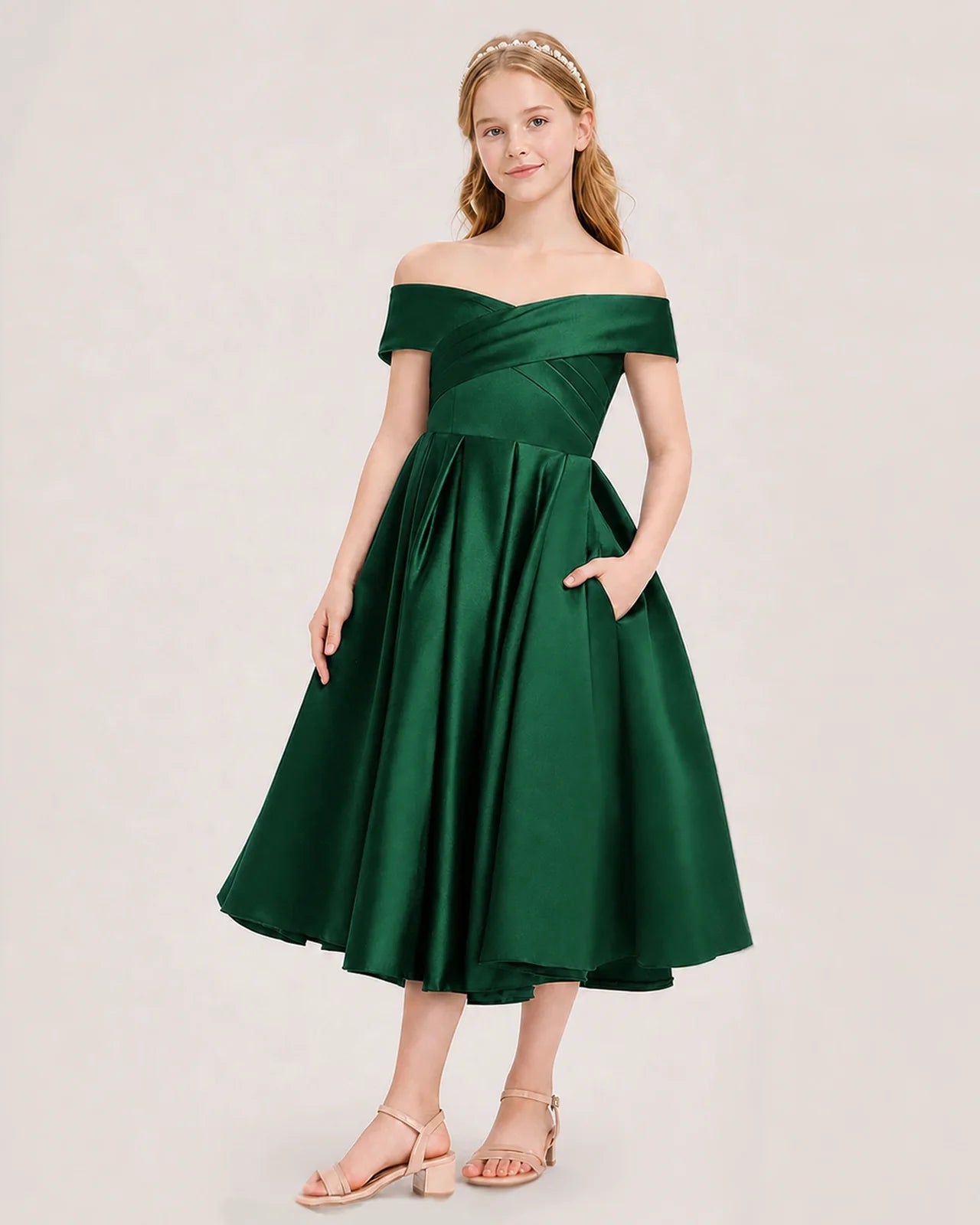 Dideyttawl Off the Shoulder Satin Girl Formal Dress with Lace-Up