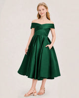 Dark green satin off-shoulder girls formal dresses front view
