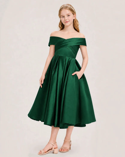 Dideyttawl Off the Shoulder Satin Girl Formal Dress with Lace-Up