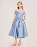 Dusty Blue Satin Off-the-Shoulder A-Line Girls Formal Dresses Front View