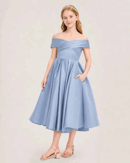 Dideyttawl Off the Shoulder Satin Girl Formal Dress with Lace-Up