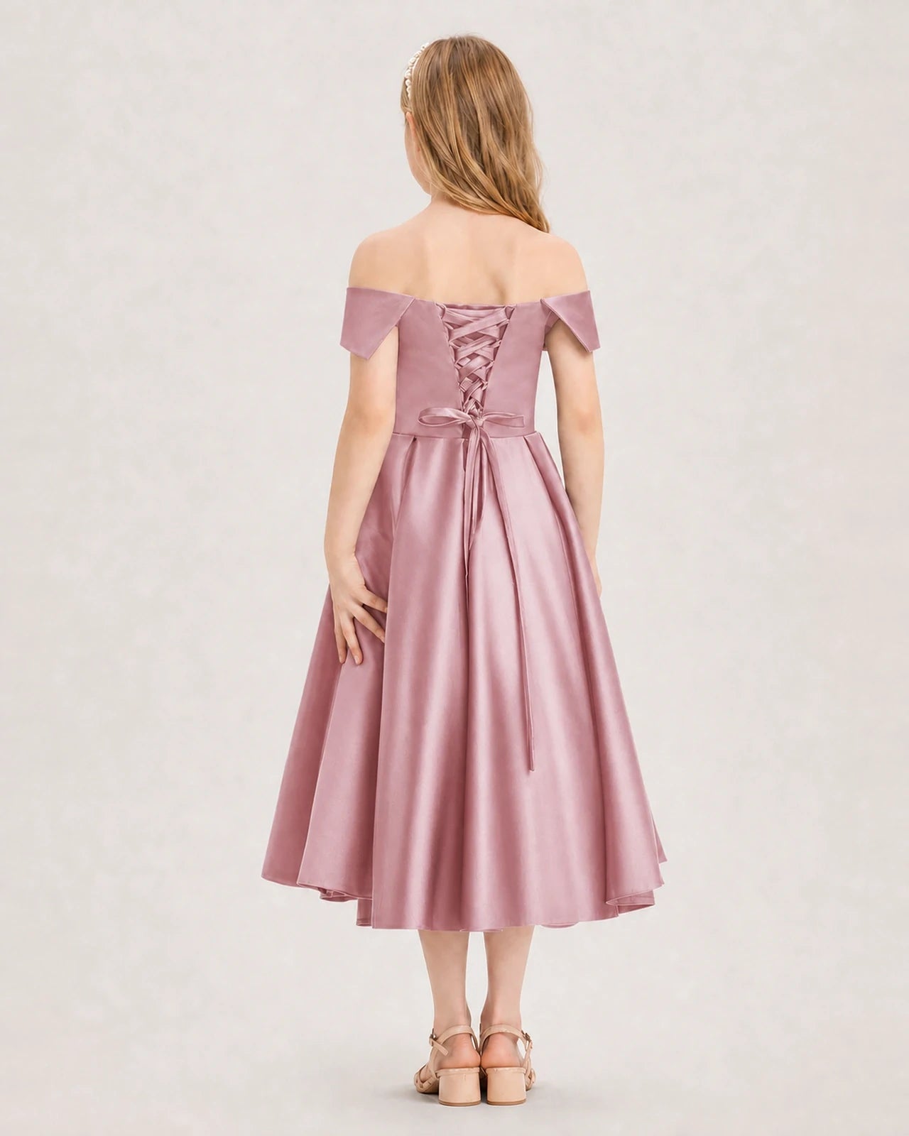 Dideyttawl Off the Shoulder Satin Girl Formal Dress with Lace-Up