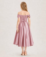 Dusty Rose Satin Off-The-Shoulder Girls Formal Dresses Back View