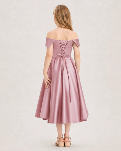 Dideyttawl Off the Shoulder Satin Girl Formal Dress with Lace-Up