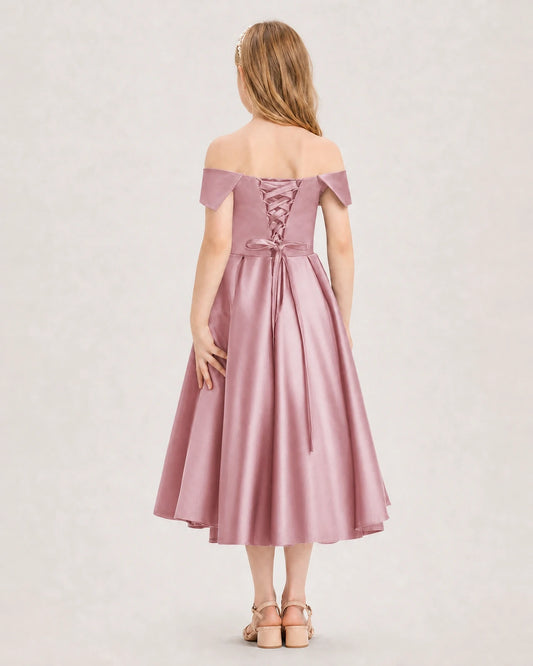 Dusty Rose Satin Off-The-Shoulder Girls Formal Dresses Back View