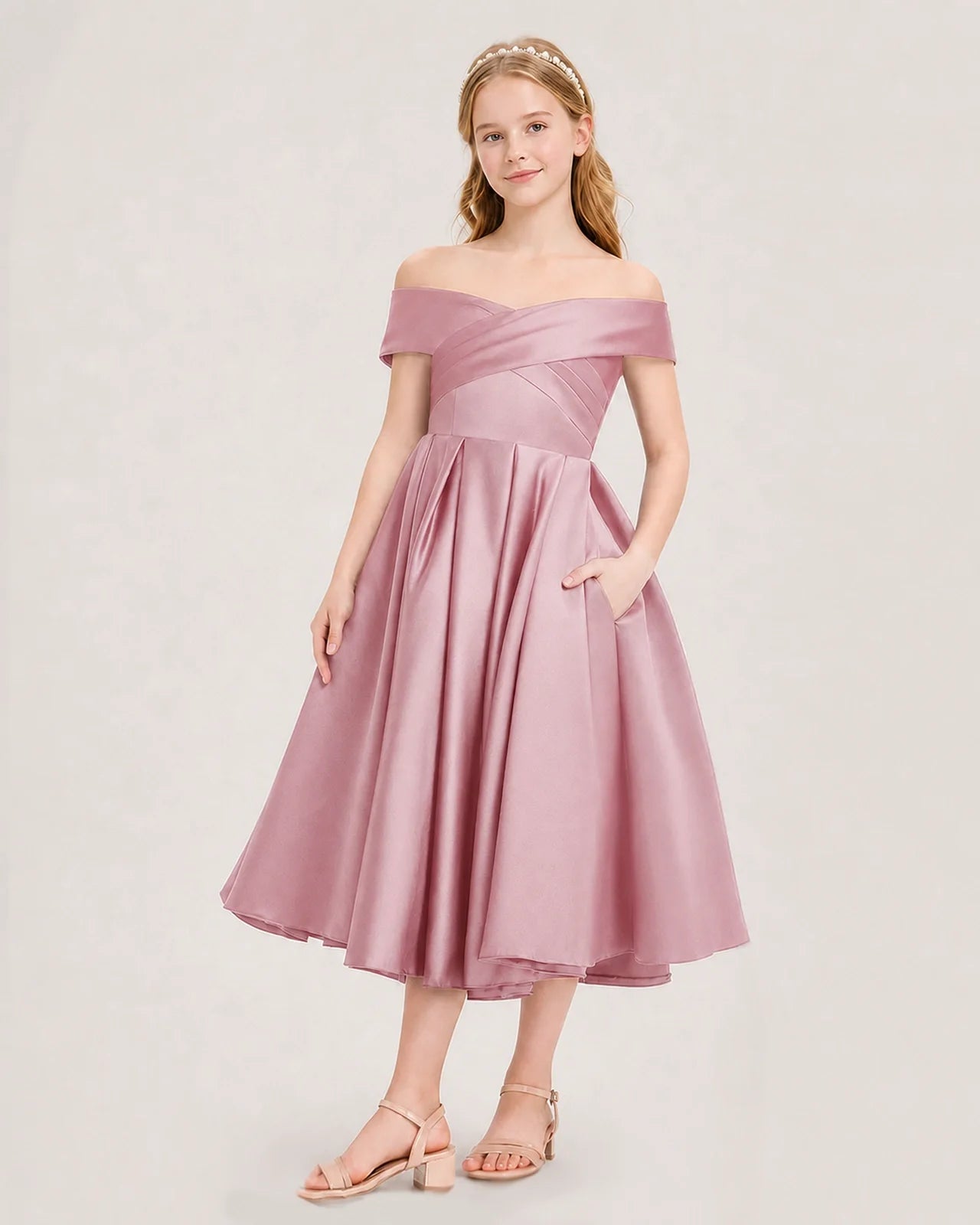 Dideyttawl Off the Shoulder Satin Girl Formal Dress with Lace-Up