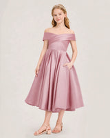 Dusty Rose Satin Off-the-Shoulder Girls Formal Dresses Front View