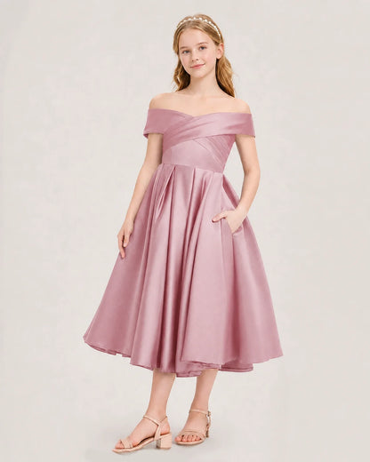 Dideyttawl Off the Shoulder Satin Girl Formal Dress with Lace-Up