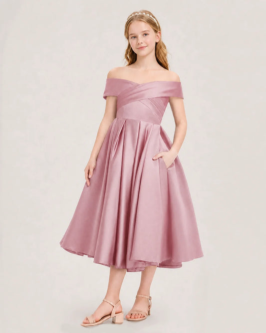 Dusty Rose Satin Off-the-Shoulder Girls Formal Dresses Front View