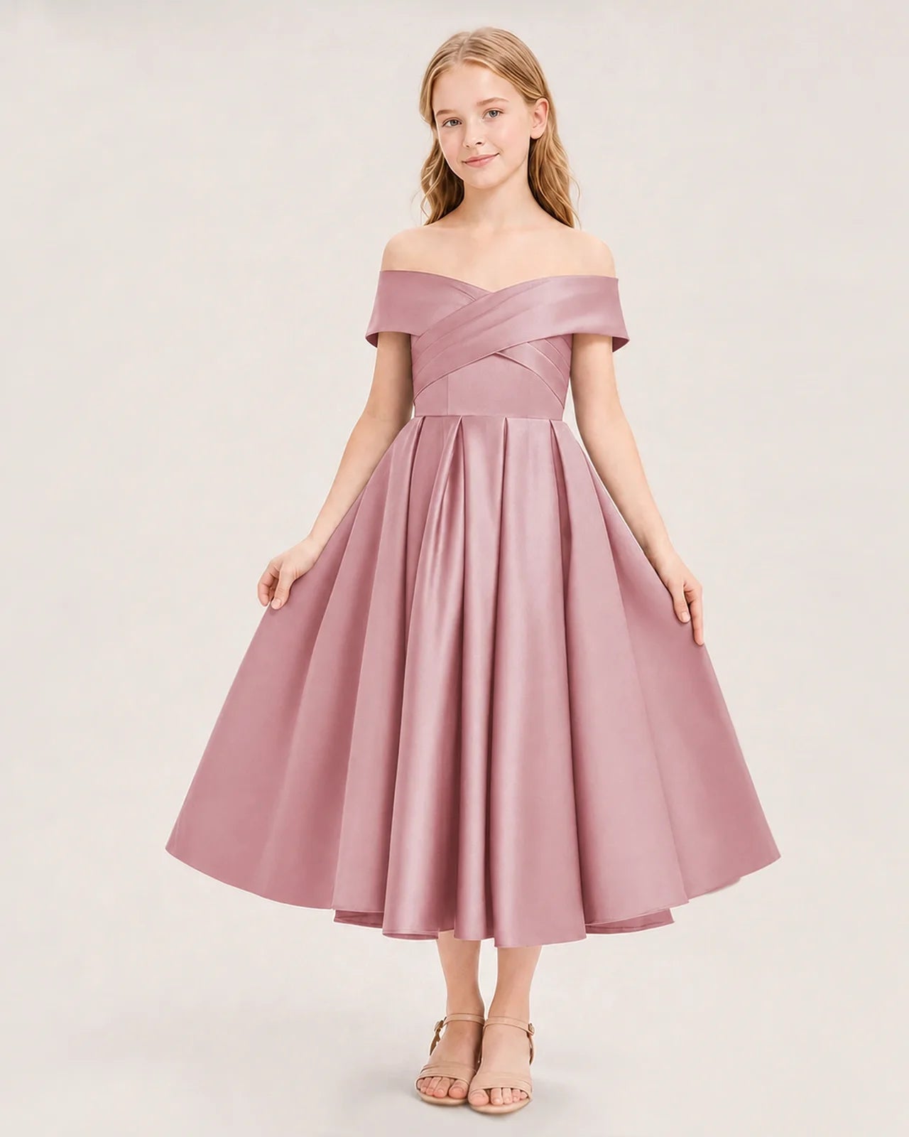 Dideyttawl Off the Shoulder Satin Girl Formal Dress with Lace-Up