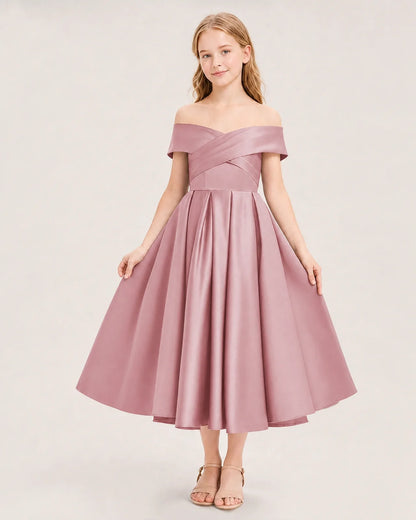 Dideyttawl Off the Shoulder Satin Girl Formal Dress with Lace-Up