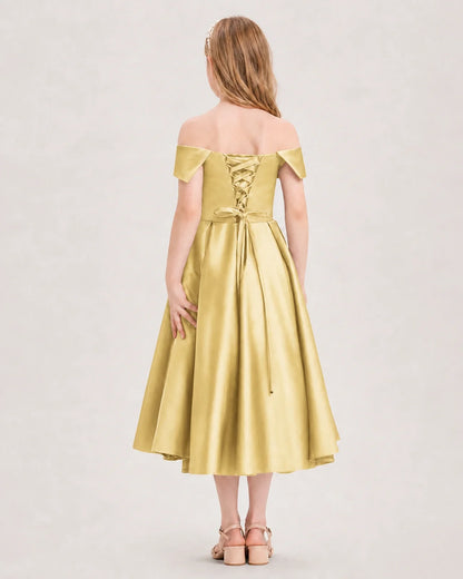 Dideyttawl Off the Shoulder Satin Girl Formal Dress with Lace-Up