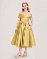 Gold Satin Off-the-Shoulder Girls Formal Dresses Front View