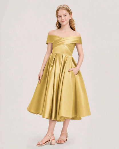 Dideyttawl Off the Shoulder Satin Girl Formal Dress with Lace-Up