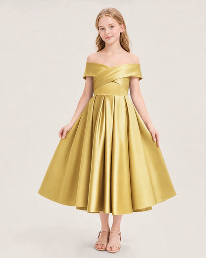 Dideyttawl Off the Shoulder Satin Girl Formal Dress with Lace-Up