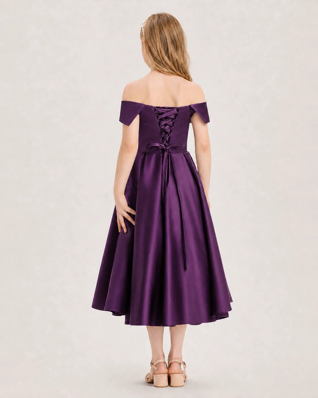 Dideyttawl Off the Shoulder Satin Girl Formal Dress with Lace-Up