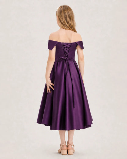 Dideyttawl Off the Shoulder Satin Girl Formal Dress with Lace-Up