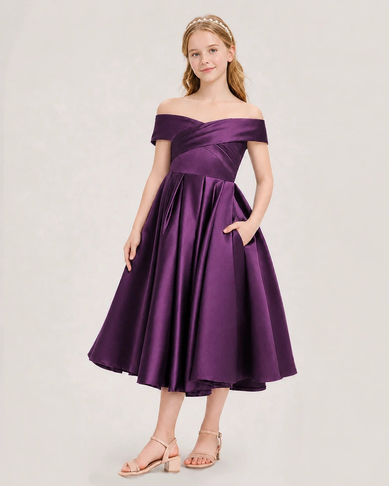 Dideyttawl Off the Shoulder Satin Girl Formal Dress with Lace-Up