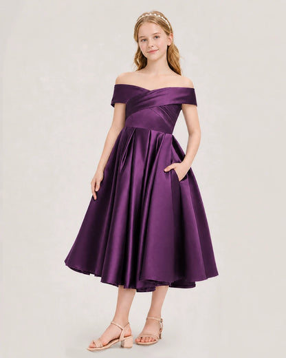 Dideyttawl Off the Shoulder Satin Girl Formal Dress with Lace-Up