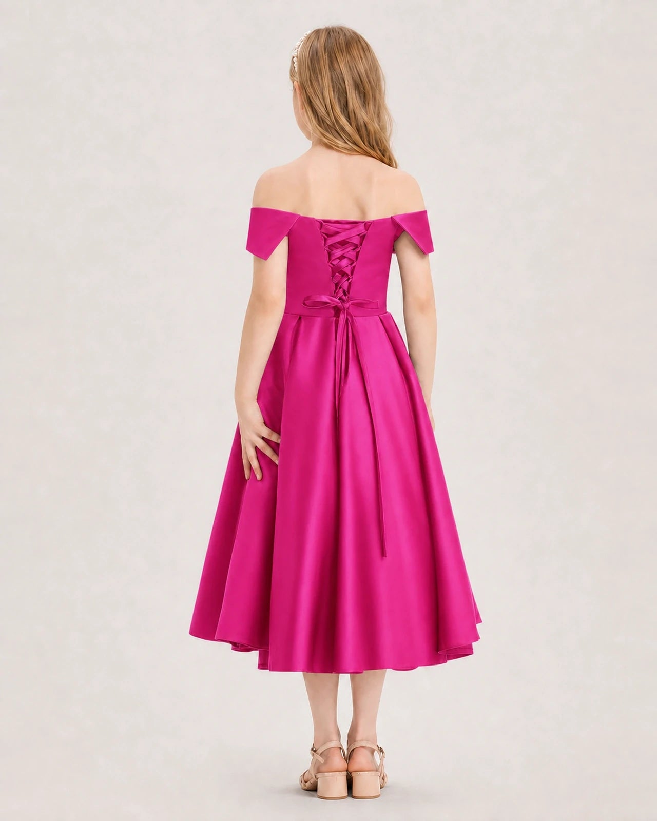 Dideyttawl Off the Shoulder Satin Girl Formal Dress with Lace-Up