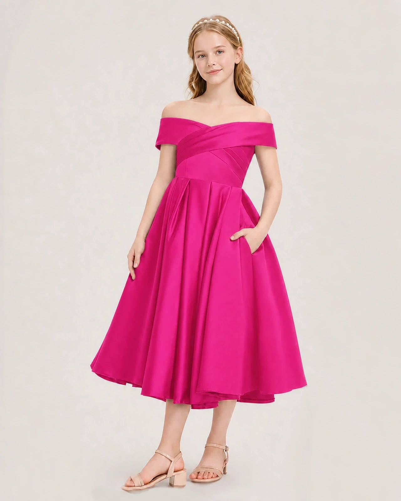 Dideyttawl Off the Shoulder Satin Girl Formal Dress with Lace-Up
