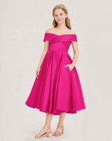 Hot Pink Satin Off-The-Shoulder Girls Formal Dresses Front View