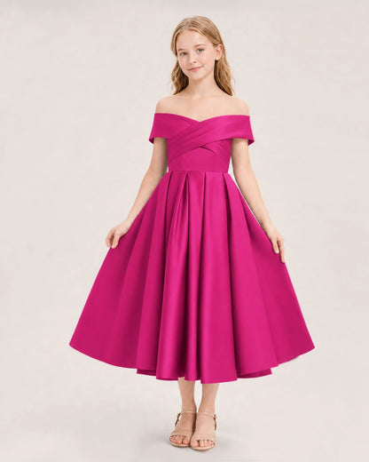 Dideyttawl Off the Shoulder Satin Girl Formal Dress with Lace-Up