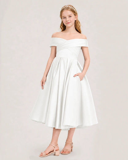 Dideyttawl Off the Shoulder Satin Girl Formal Dress with Lace-Up