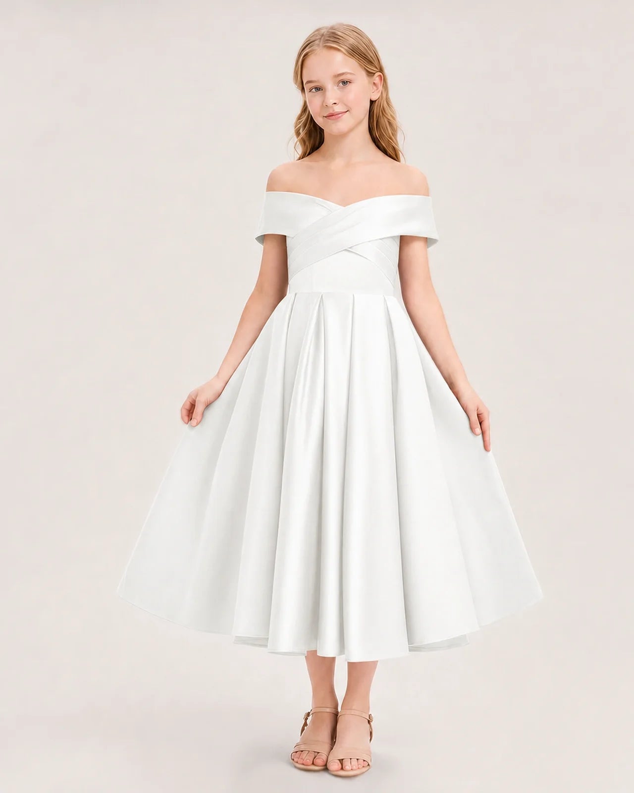 Dideyttawl Off the Shoulder Satin Girl Formal Dress with Lace-Up