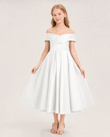 Ivory Satin Off-the-Shoulder Pleated Girls Formal Dresses