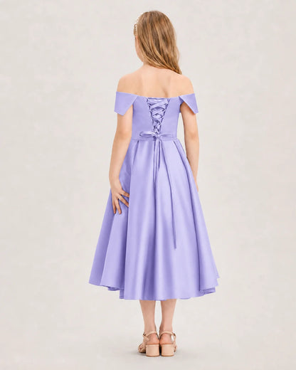 Dideyttawl Off the Shoulder Satin Girl Formal Dress with Lace-Up