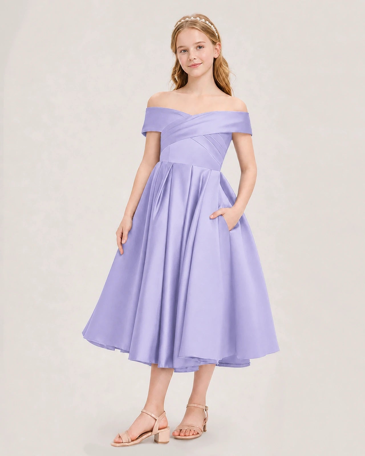 Dideyttawl Off the Shoulder Satin Girl Formal Dress with Lace-Up