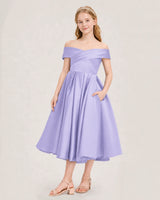 Lavender Satin Off-The-Shoulder A-Line Girls Formal Dresses Front View