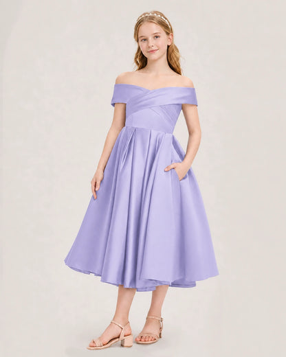 Dideyttawl Off the Shoulder Satin Girl Formal Dress with Lace-Up