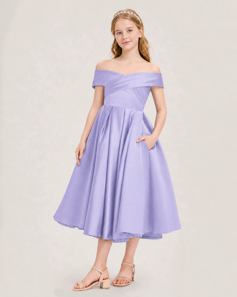 Lavender Satin Off-The-Shoulder A-Line Girls Formal Dresses Front View