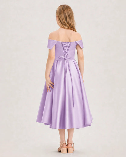 Dideyttawl Off the Shoulder Satin Girl Formal Dress with Lace-Up