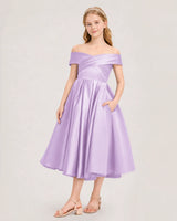 Lilac Satin Off-The-Shoulder A-Line Girls Formal Dresses Front View