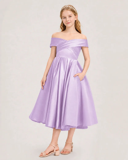 Dideyttawl Off the Shoulder Satin Girl Formal Dress with Lace-Up