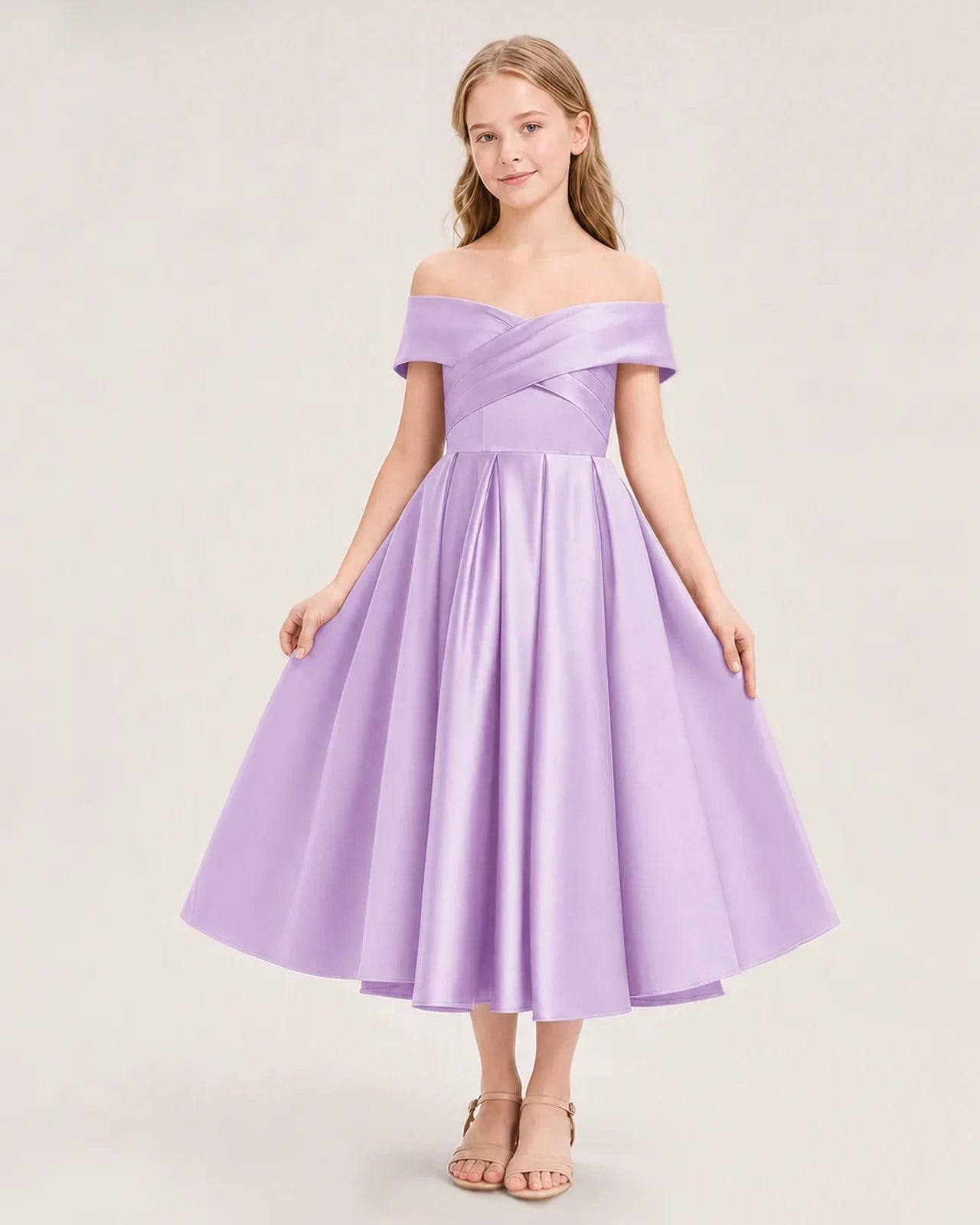 Dideyttawl Off the Shoulder Satin Girl Formal Dress with Lace-Up
